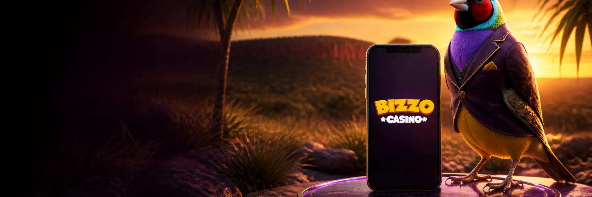 Australian Gouldian finch presenting the Bizzo Casino Android app