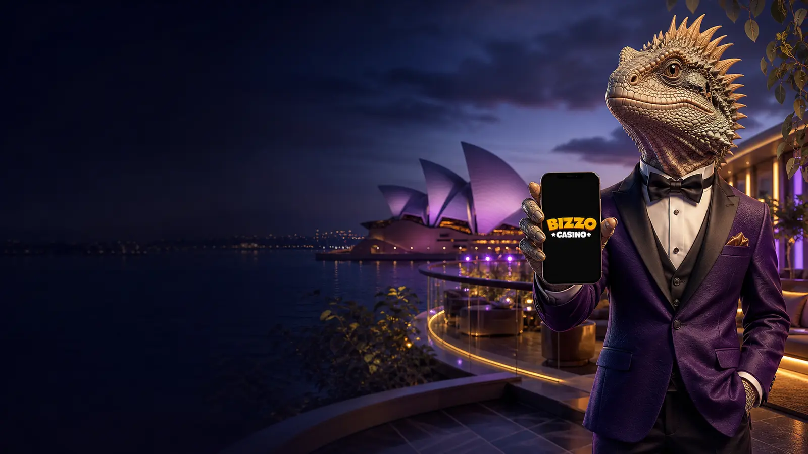 Australian water dragon presenting the Bizzo Casino app