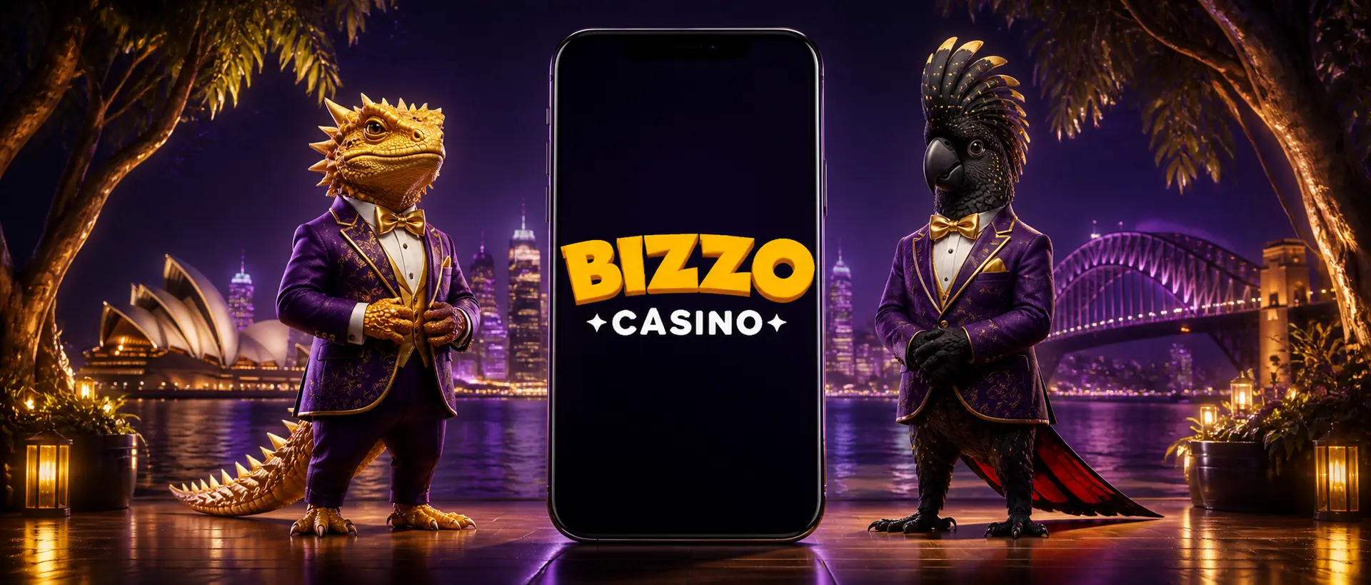 Bizzo Casino app phone between Australian thorny devil and black cockatoo characters