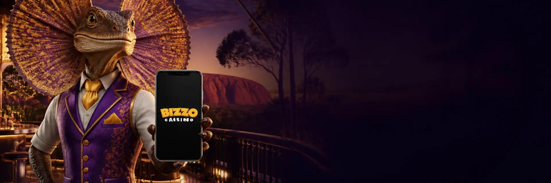 Australian frill-necked lizard presenting the Bizzo Casino iOS app