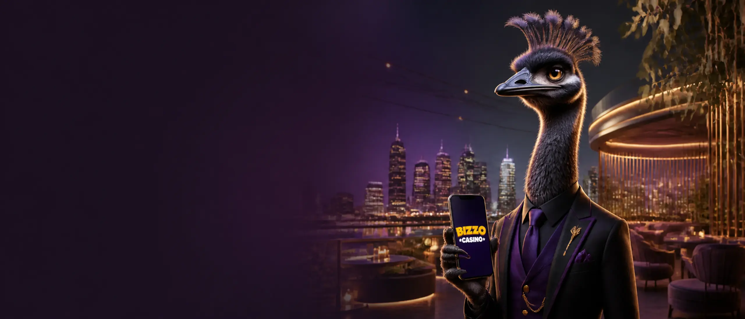 Emu concierge presenting the Bizzo Casino app in Melbourne