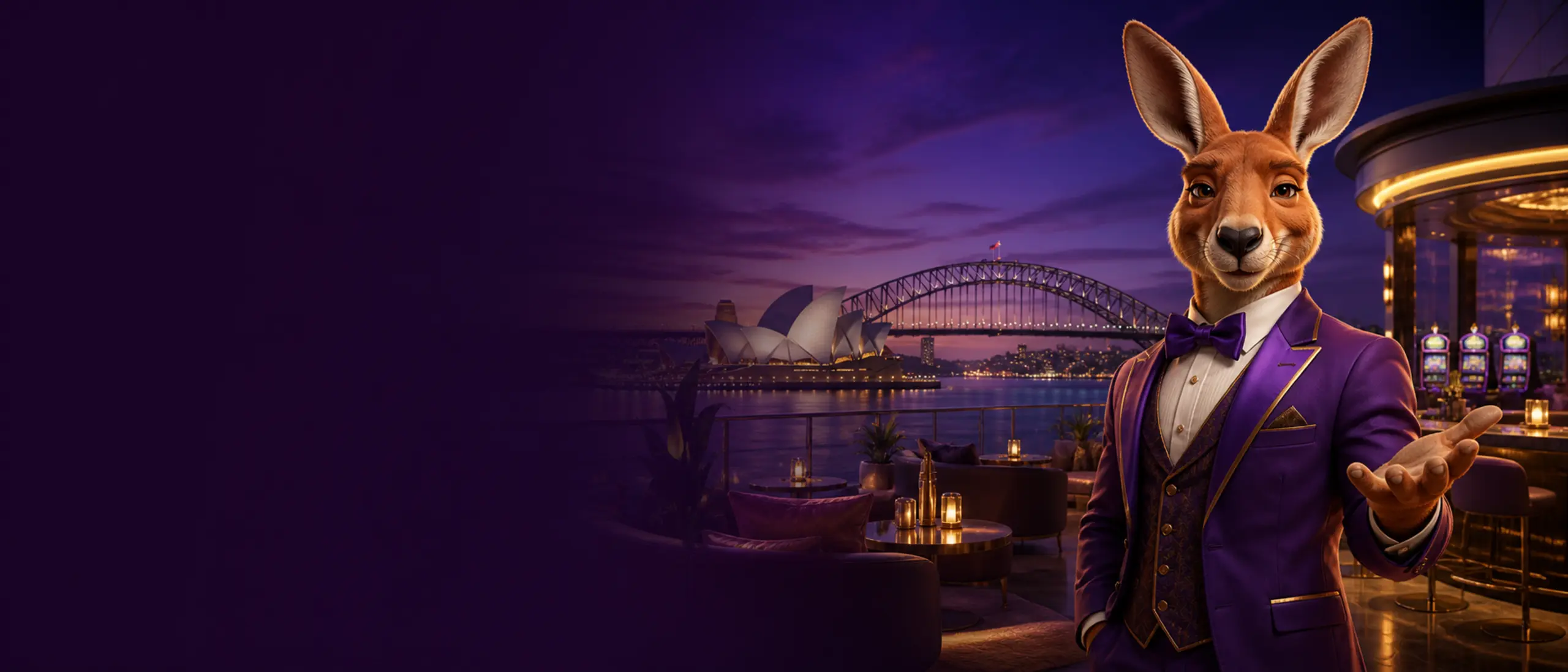 Kangaroo host at Bizzo Casino overlooking Sydney Harbour