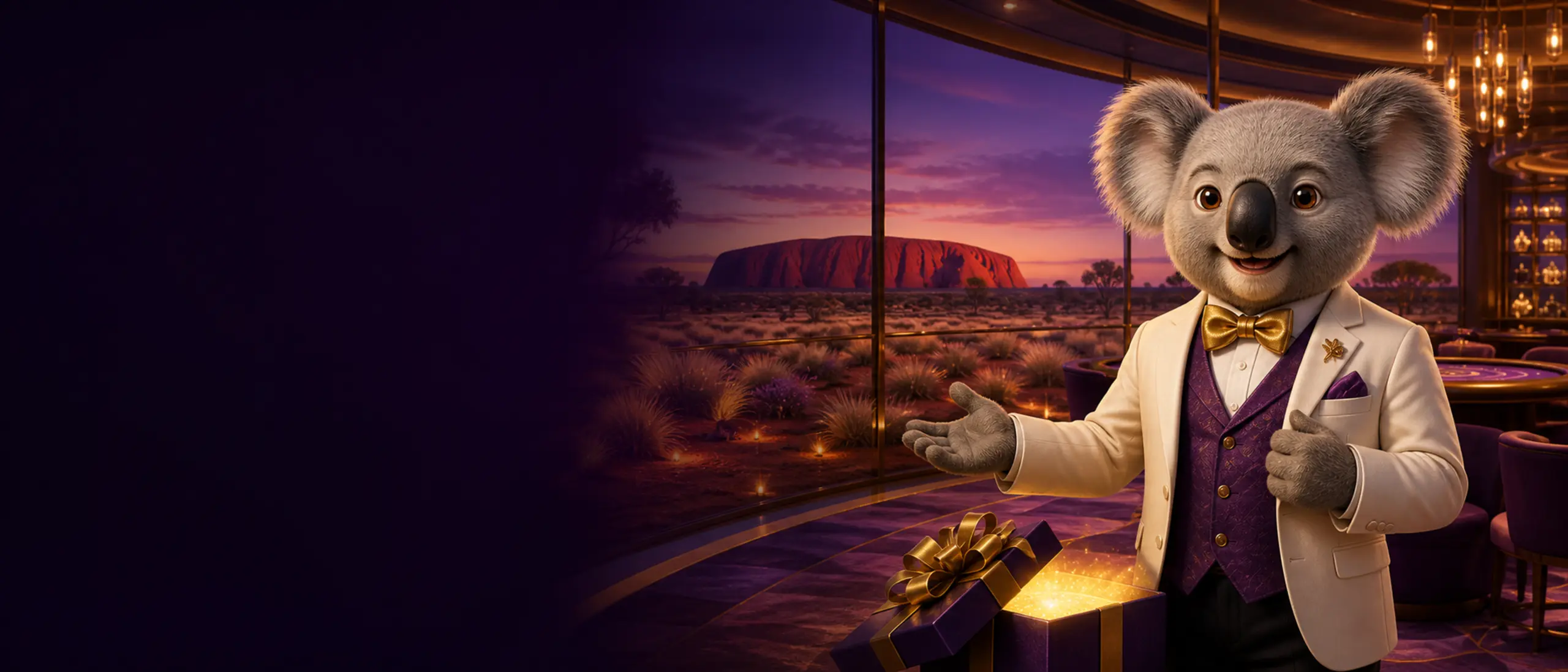 Koala VIP host presenting Bizzo Casino bonuses near Uluru