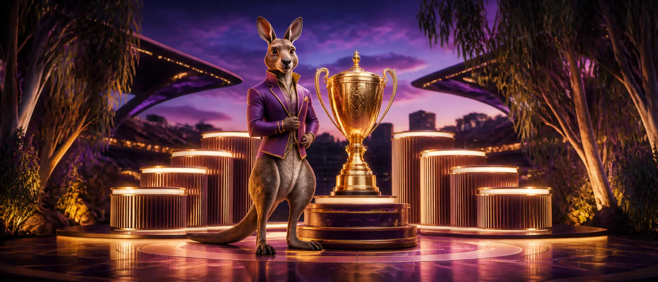 Wallaby beside a casino tournament trophy